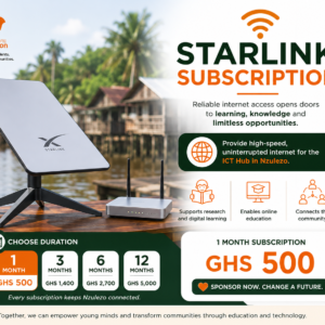 Sponsor one month of Starlink Internet for the TheresaNaomi Foundation Community ICT Hub in Nzulezo.