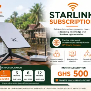 Sponsor one month of Starlink Internet for the TheresaNaomi Foundation Community ICT Hub in Nzulezo.